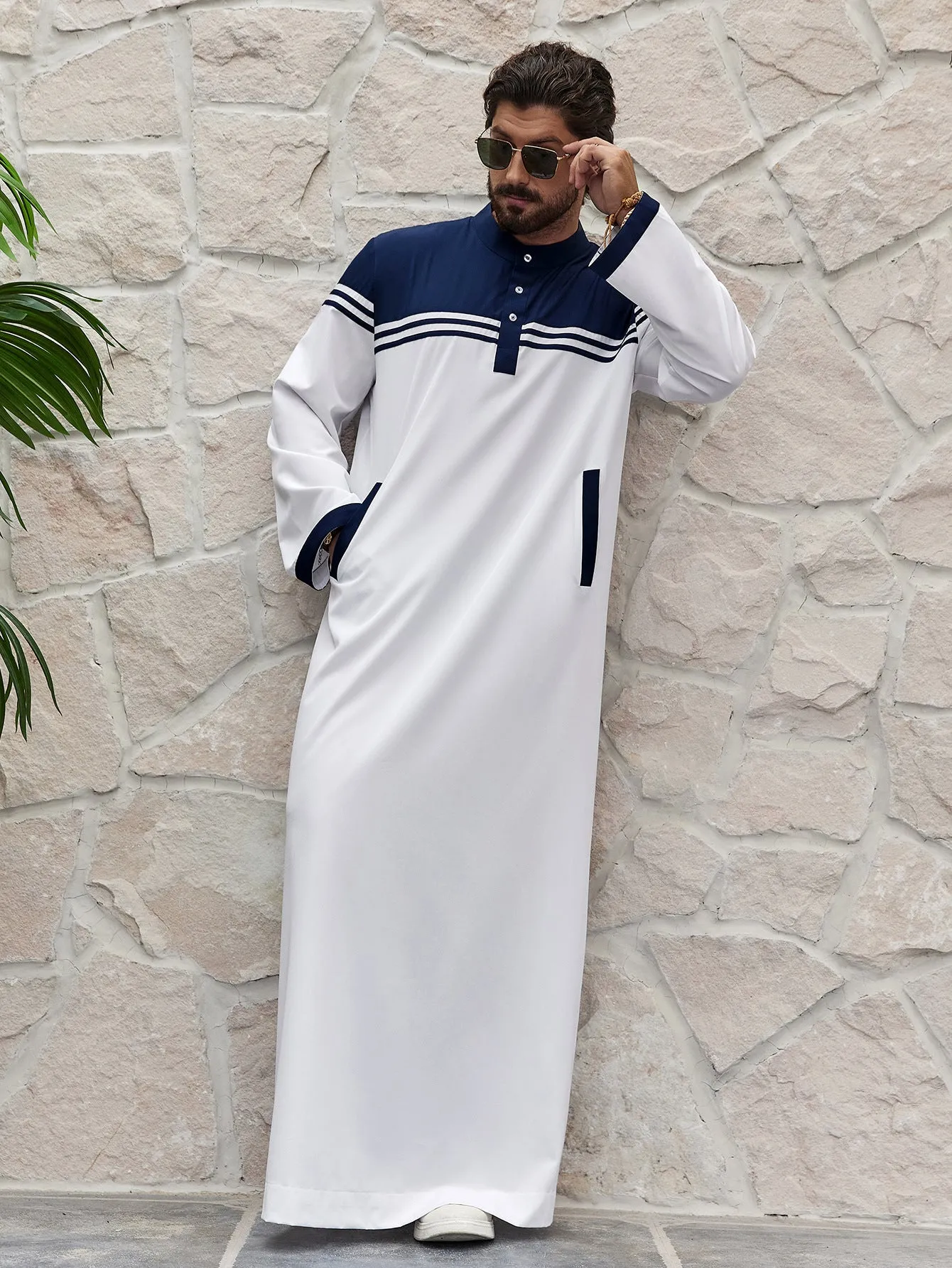 Men's blue colour contrast patchwork shirt robe made from lightweight polyester fabric for summer casual wear