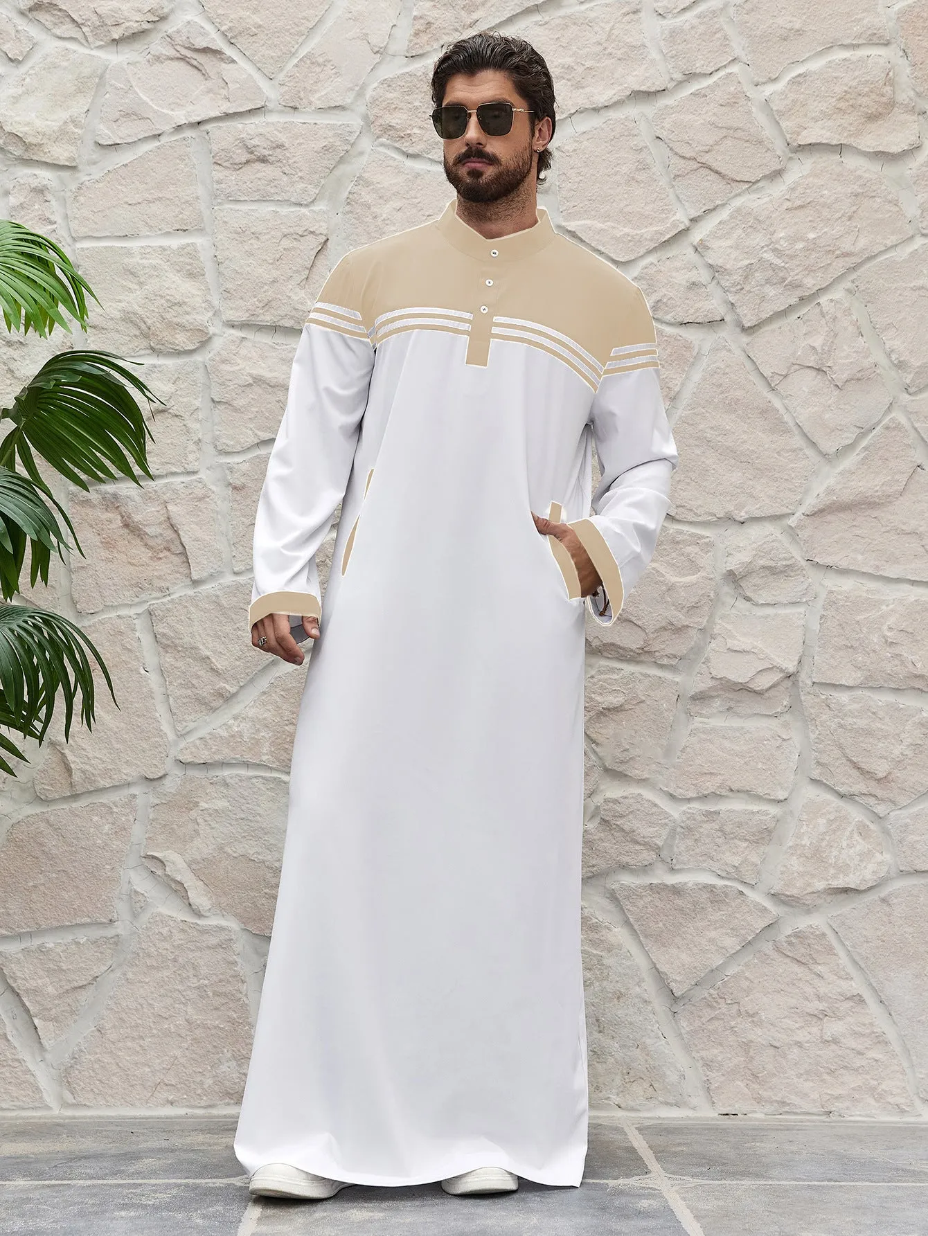 Men's blue colour contrast patchwork shirt robe made from lightweight polyester fabric for summer casual wear