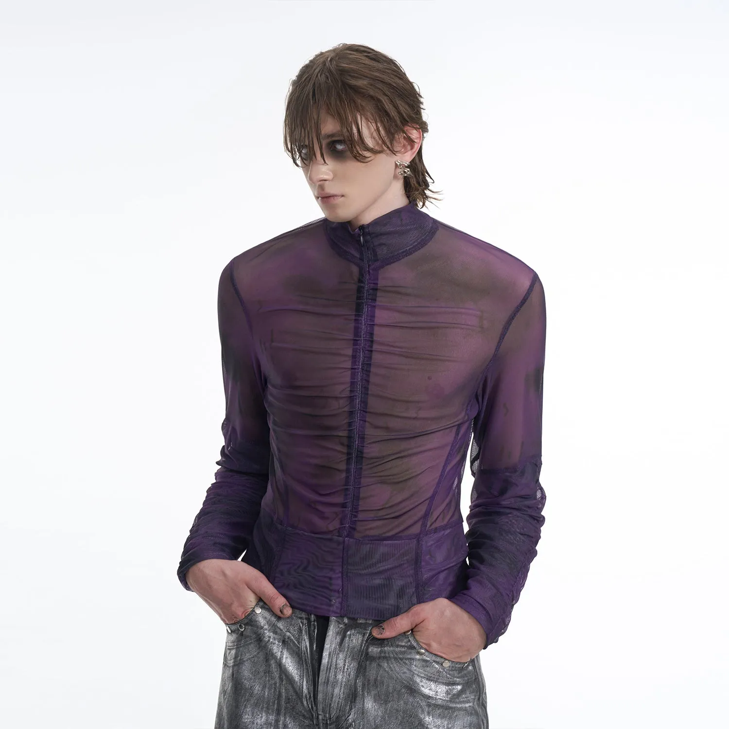 Men's black grey half turtleneck long-sleeved t-shirt with mesh zipper detail on the bottom hem.