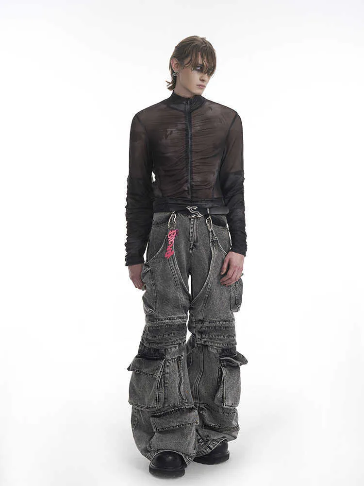 Men's black grey half turtleneck long-sleeved t-shirt with mesh zipper detail on the bottom hem.