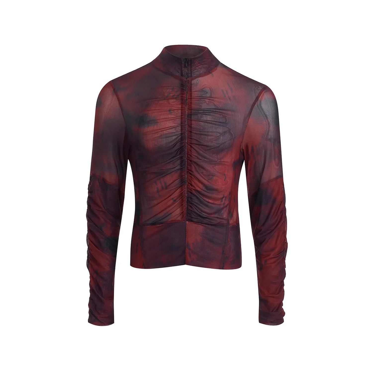 Men's black grey half turtleneck long-sleeved t-shirt with mesh zipper detail on the bottom hem.