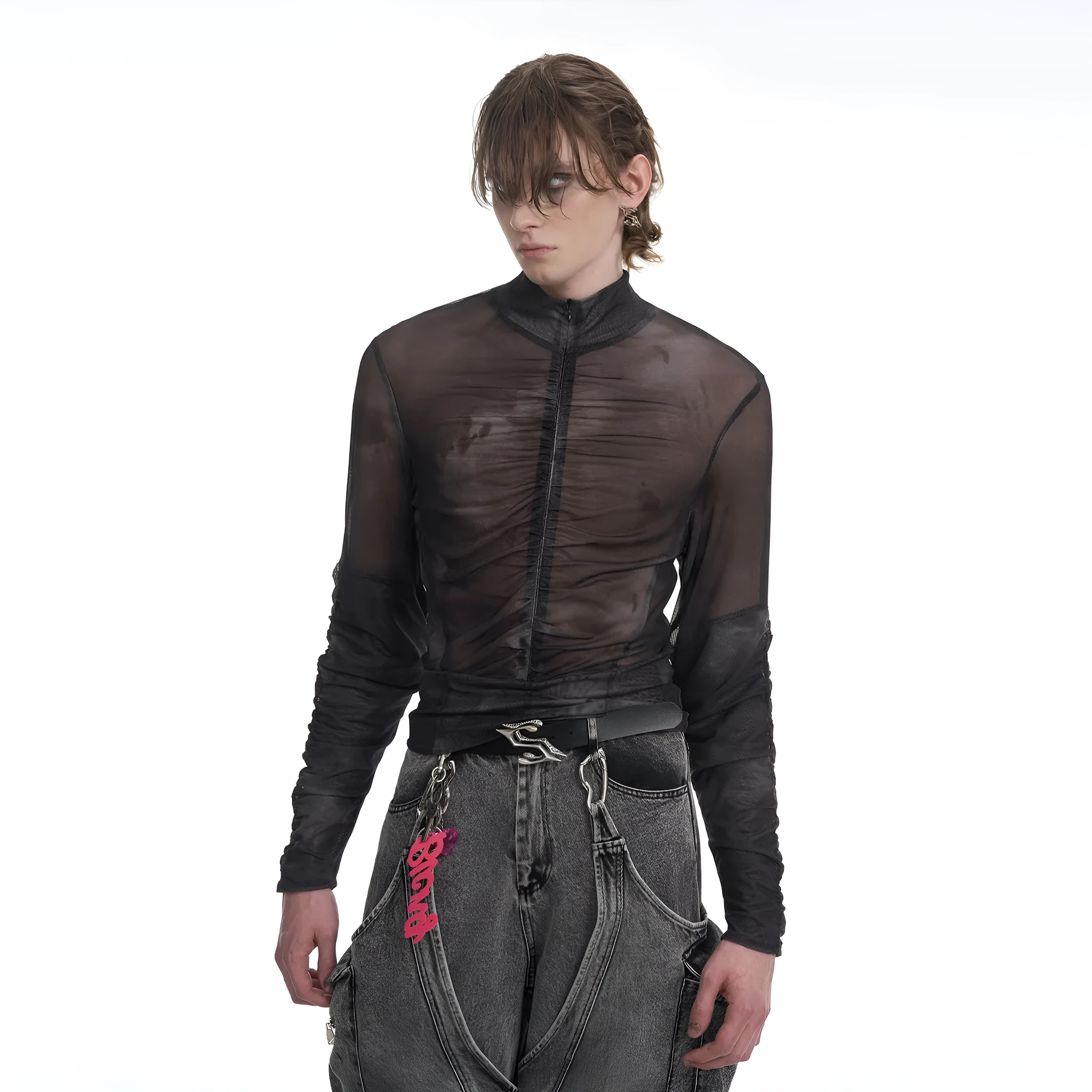 Men's black grey half turtleneck long-sleeved t-shirt with mesh zipper detail on the bottom hem.