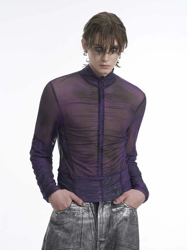 Men's black grey half turtleneck long-sleeved t-shirt with mesh zipper detail on the bottom hem.