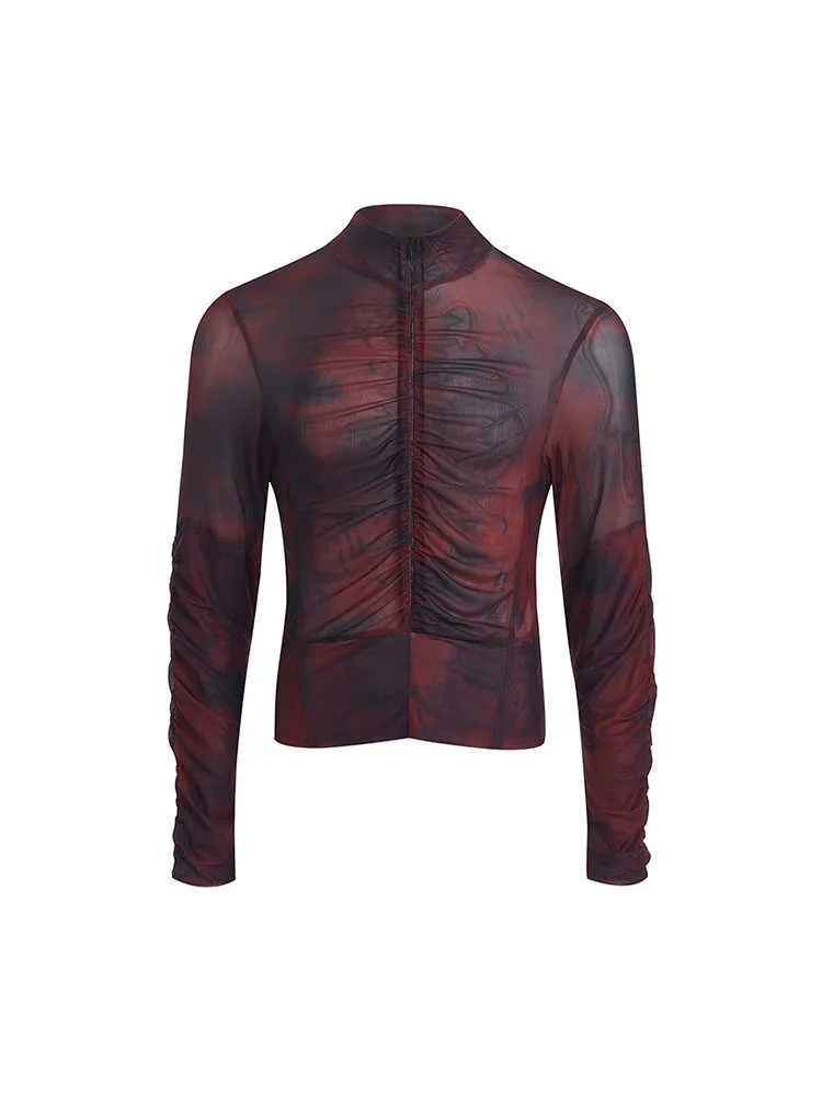 Men's black grey half turtleneck long-sleeved t-shirt with mesh zipper detail on the bottom hem.