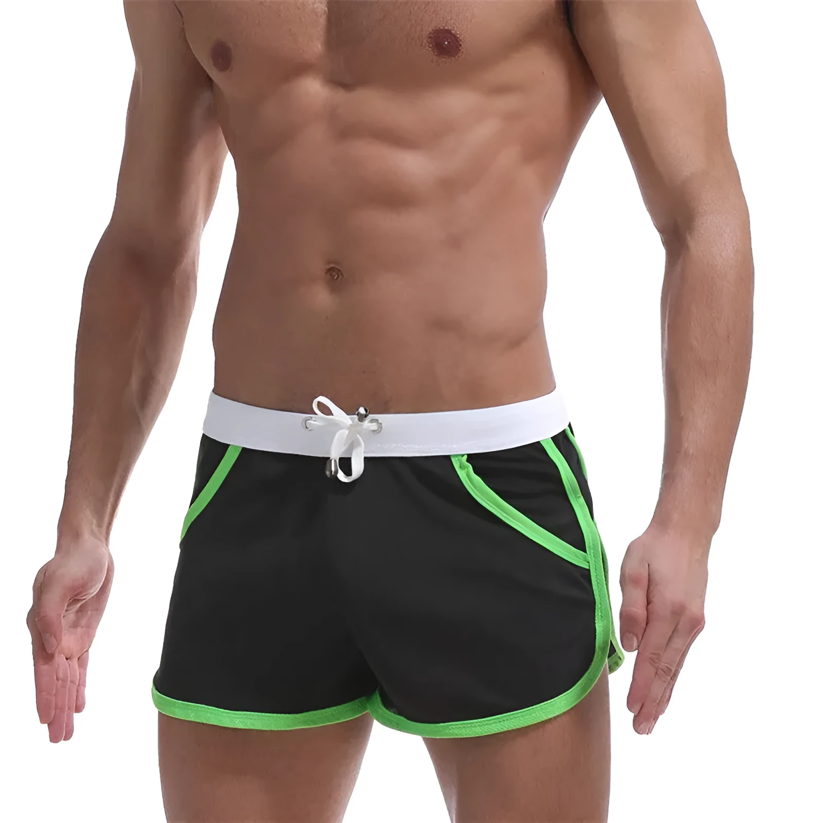 Summer men's quick-dry polyester sports shorts in multiple colours including black, green, and red for beach and casual wear.