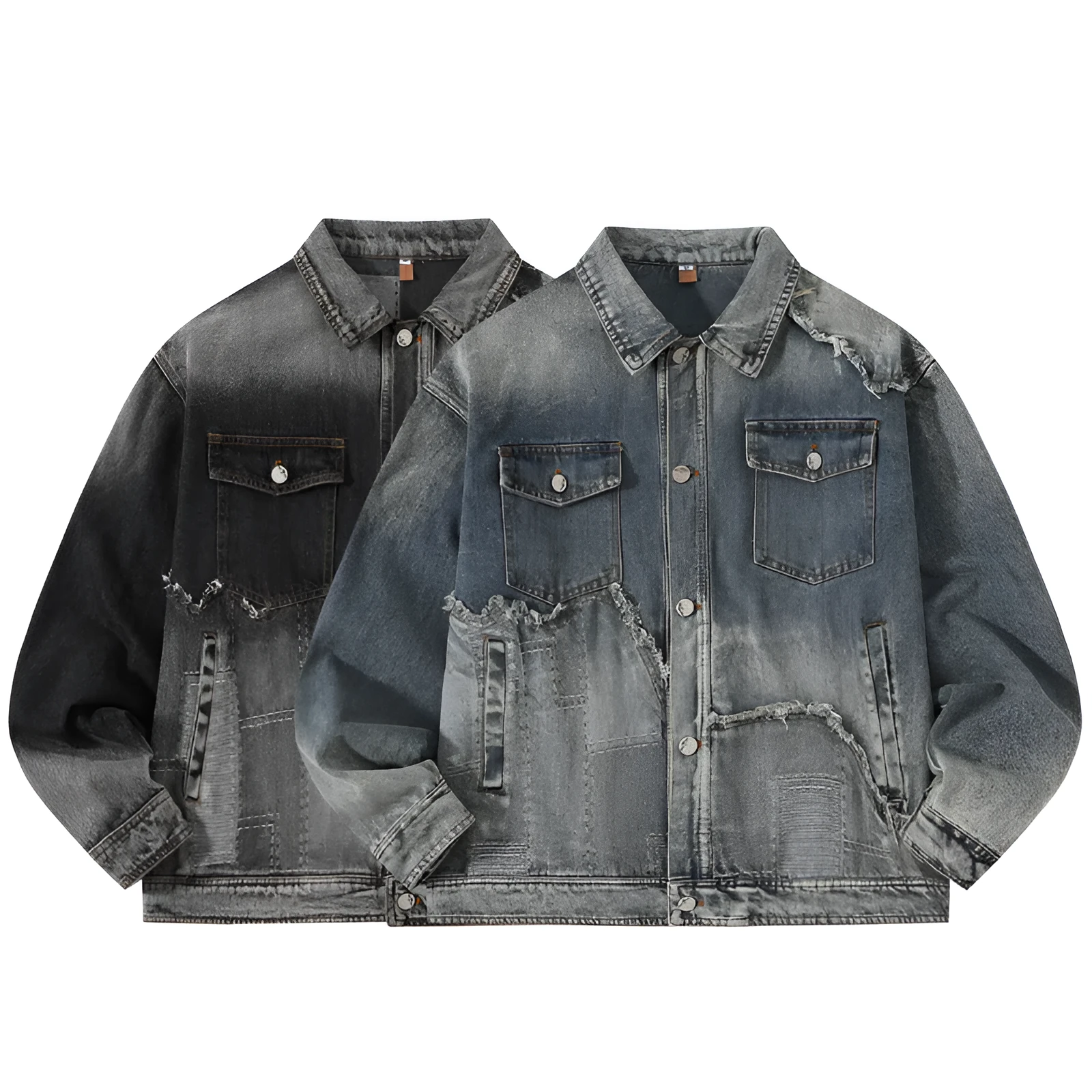 American retro high street washed destroyed denim jacket in black with side seam pockets