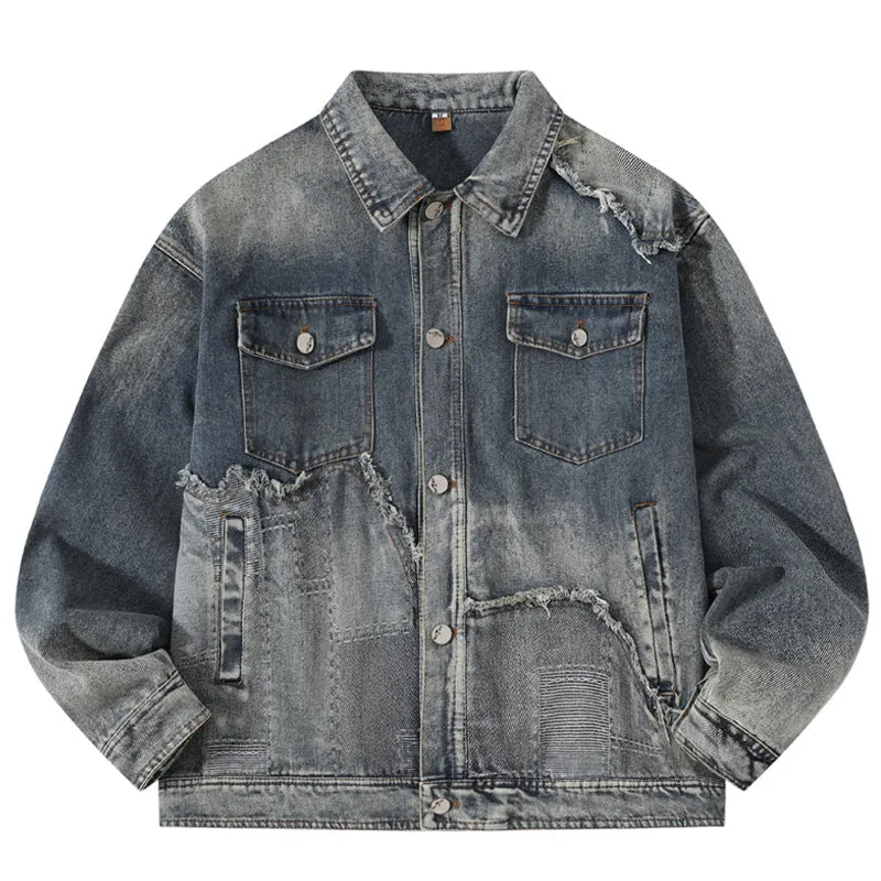 American retro high street washed destroyed denim jacket in black with side seam pockets