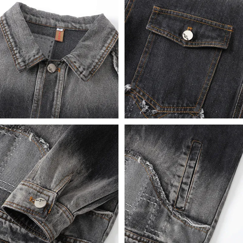 American retro high street washed destroyed denim jacket in black with side seam pockets