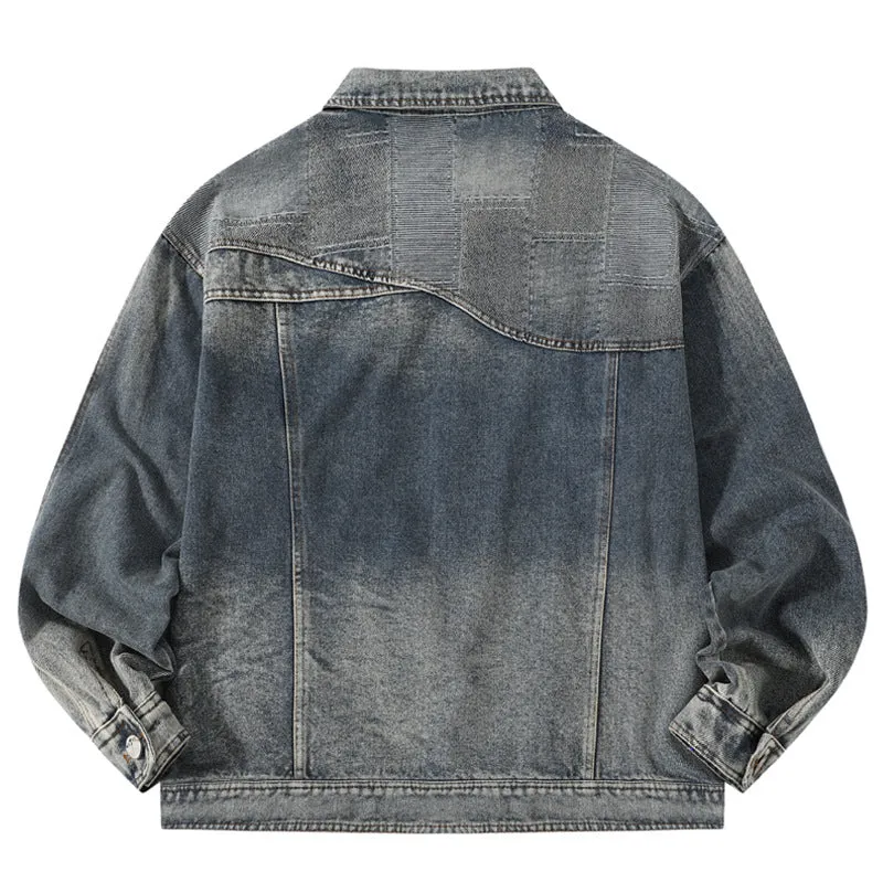American retro high street washed destroyed denim jacket in black with side seam pockets