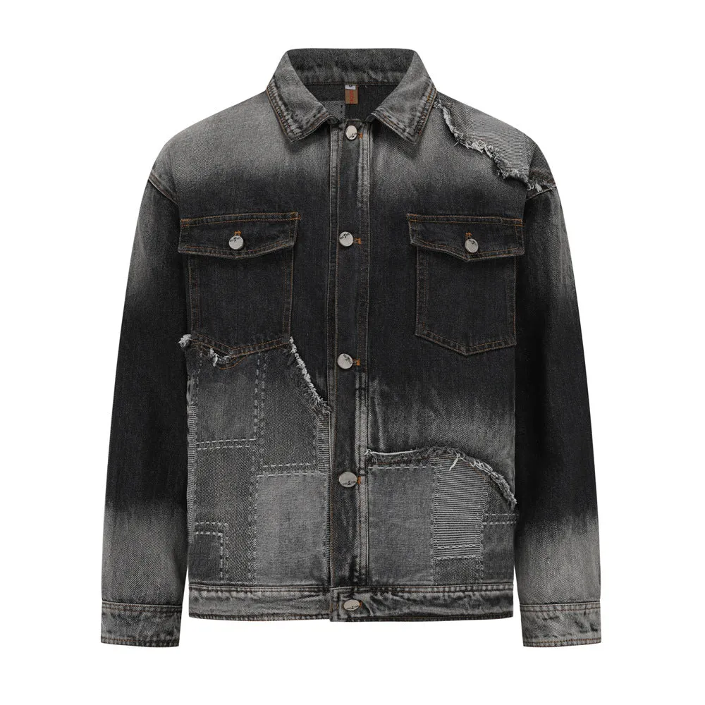 American retro high street washed destroyed denim jacket in black with side seam pockets