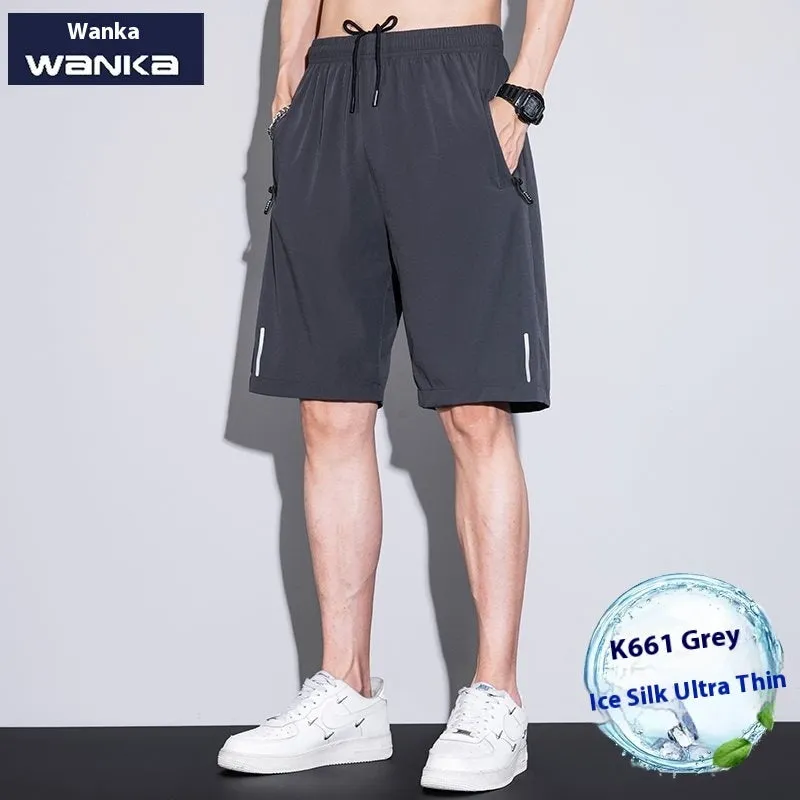 Men's quick-dry ice silk polyester running shorts, lightweight straight-leg fitness shorts in black, dark blue, and light gray