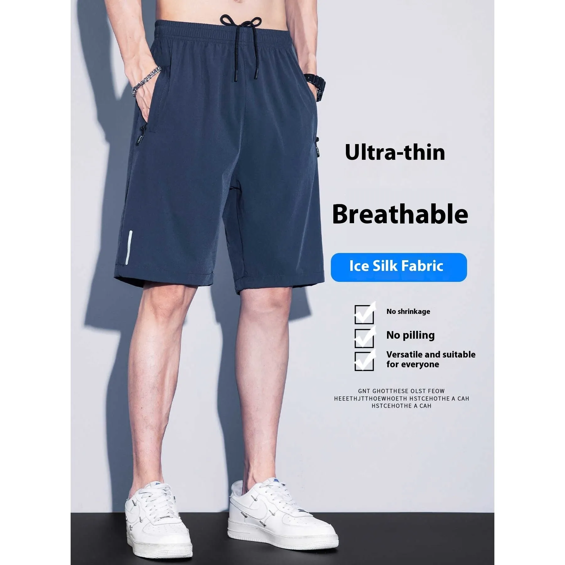 Men's quick-dry ice silk polyester running shorts, lightweight straight-leg fitness shorts in black, dark blue, and light gray
