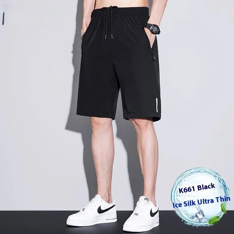 Men's quick-dry ice silk polyester running shorts, lightweight straight-leg fitness shorts in black, dark blue, and light gray