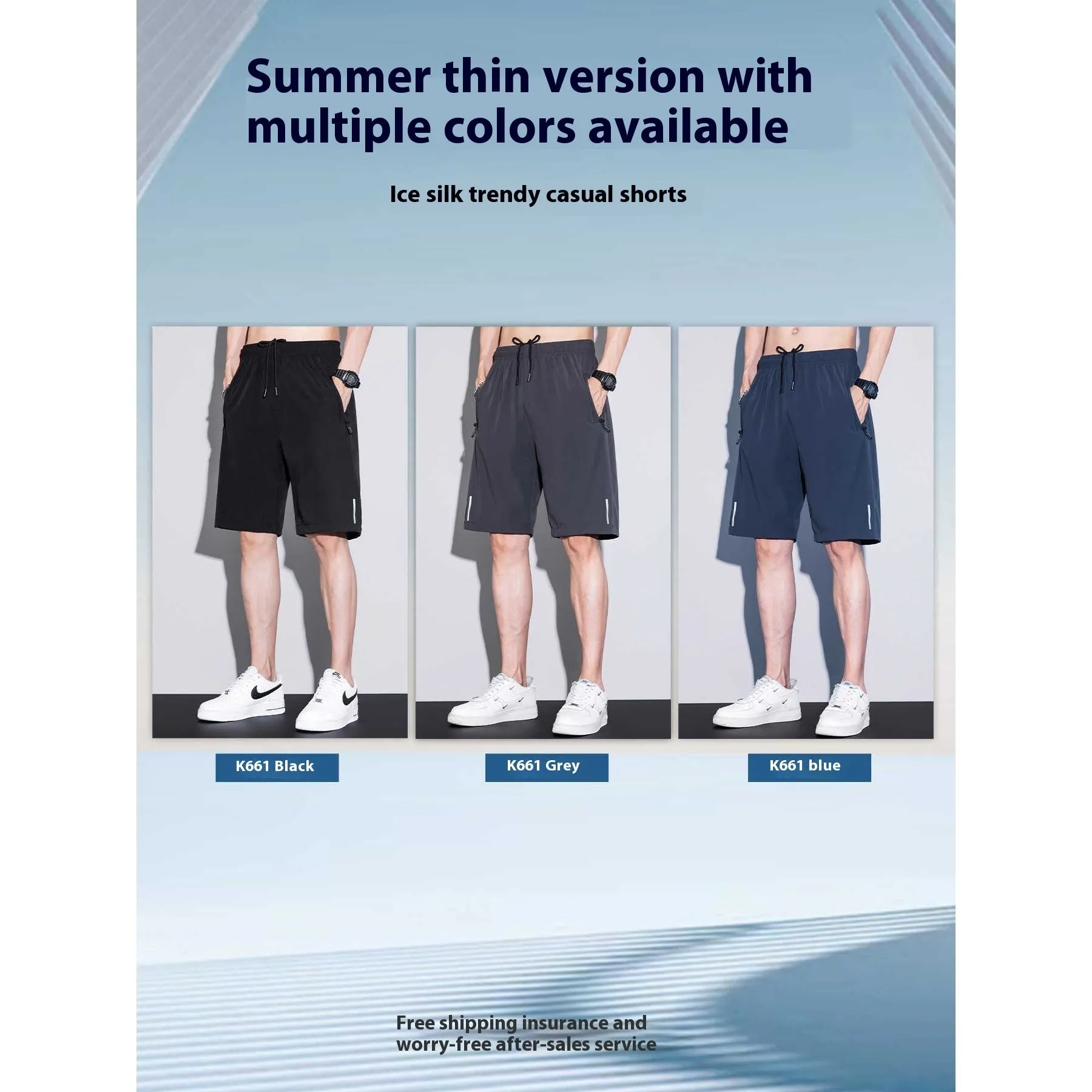 Men's quick-dry ice silk polyester running shorts, lightweight straight-leg fitness shorts in black, dark blue, and light gray