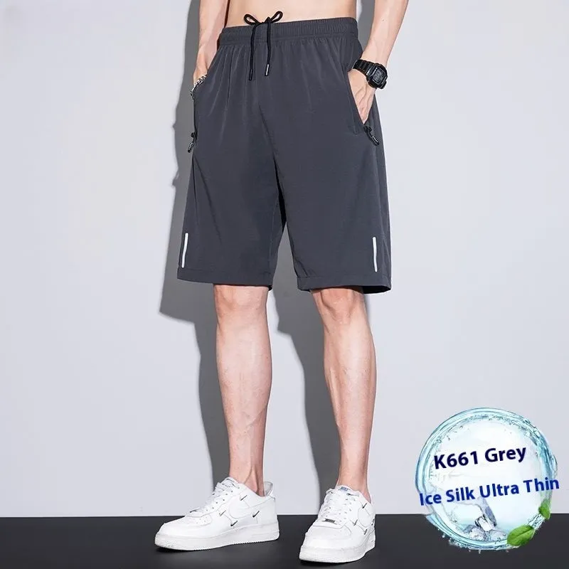Men's quick-dry ice silk polyester running shorts, lightweight straight-leg fitness shorts in black, dark blue, and light gray