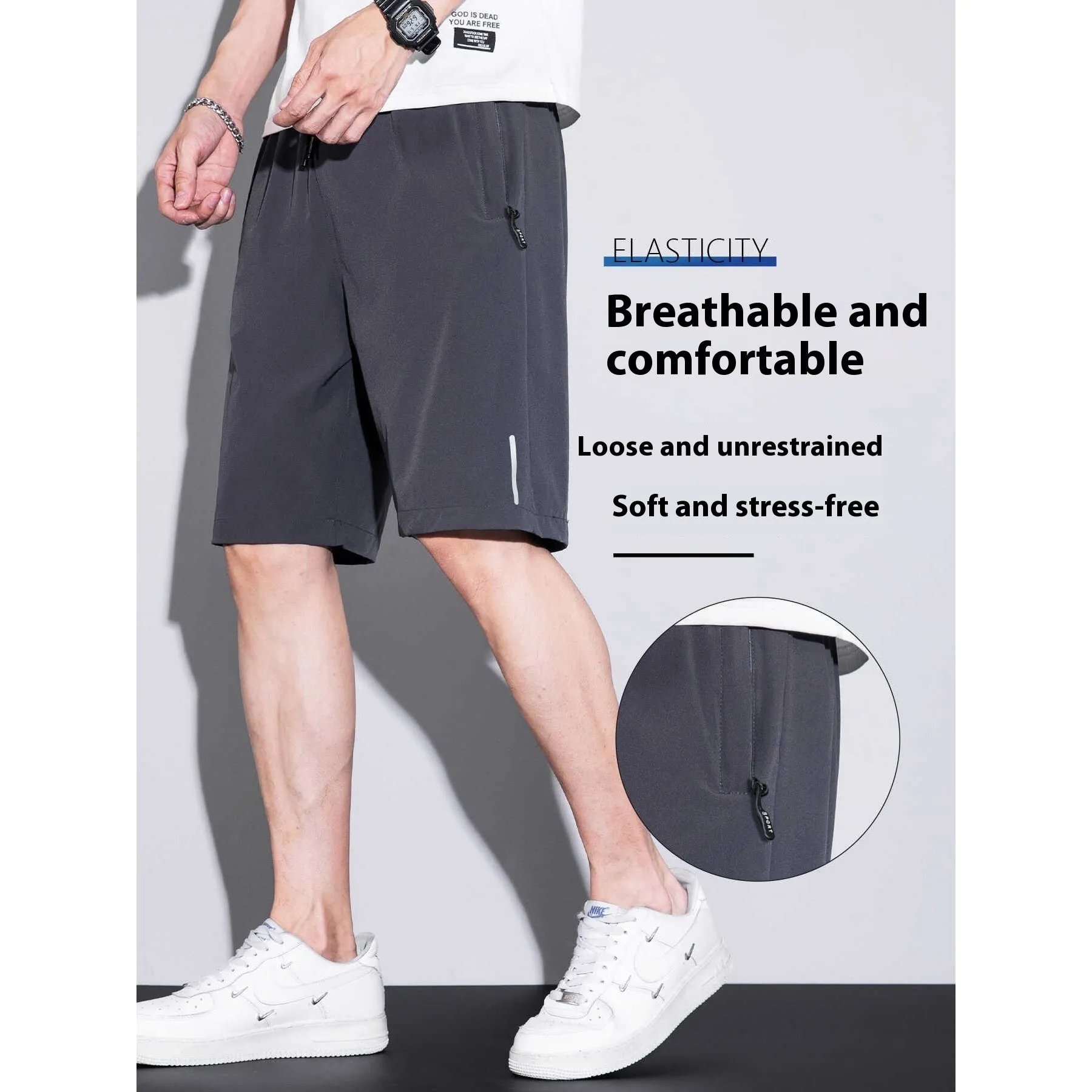 Men's quick-dry ice silk polyester running shorts, lightweight straight-leg fitness shorts in black, dark blue, and light gray