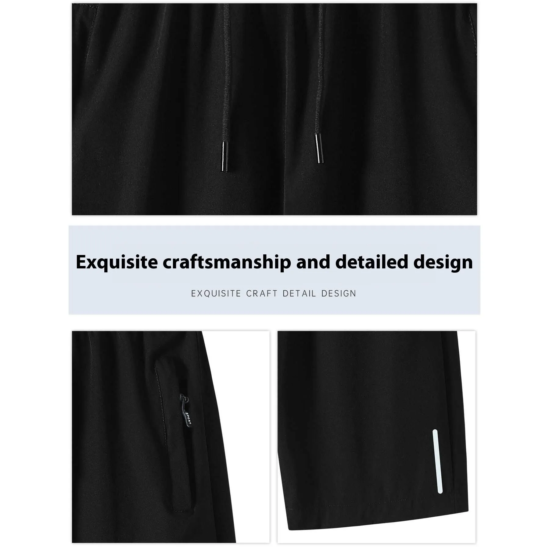 Men's quick-dry ice silk polyester running shorts, lightweight straight-leg fitness shorts in black, dark blue, and light gray
