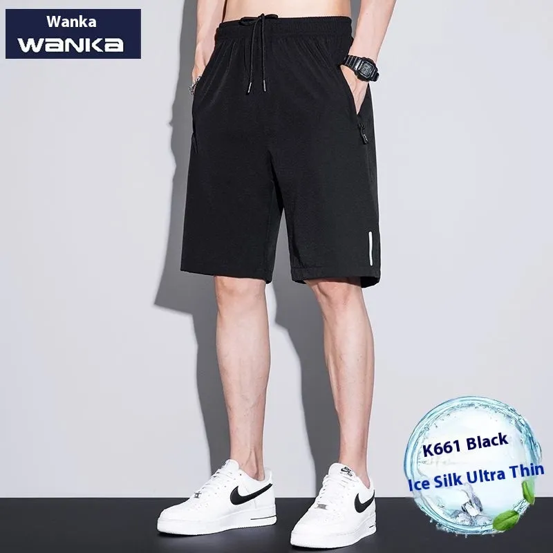 Men's quick-dry ice silk polyester running shorts, lightweight straight-leg fitness shorts in black, dark blue, and light gray