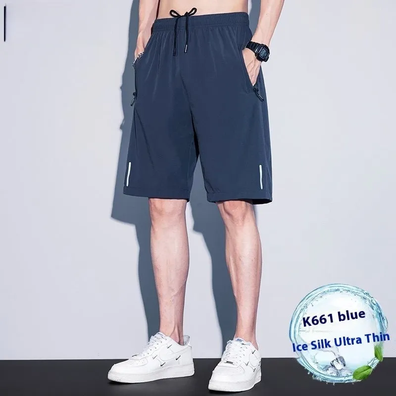 Men's quick-dry ice silk polyester running shorts, lightweight straight-leg fitness shorts in black, dark blue, and light gray