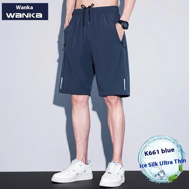 Men's quick-dry ice silk polyester running shorts, lightweight straight-leg fitness shorts in black, dark blue, and light gray