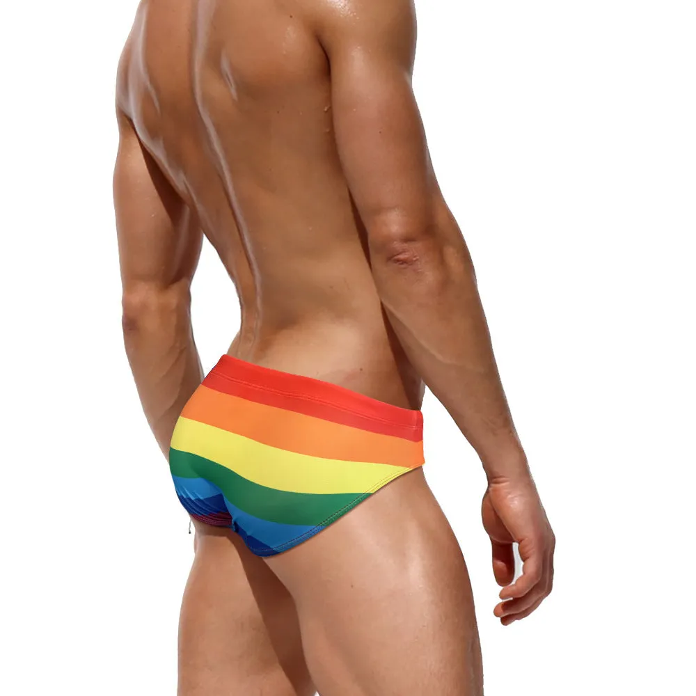 Rainbow striped nylon men's swimming trunks stretch briefs for beach wear