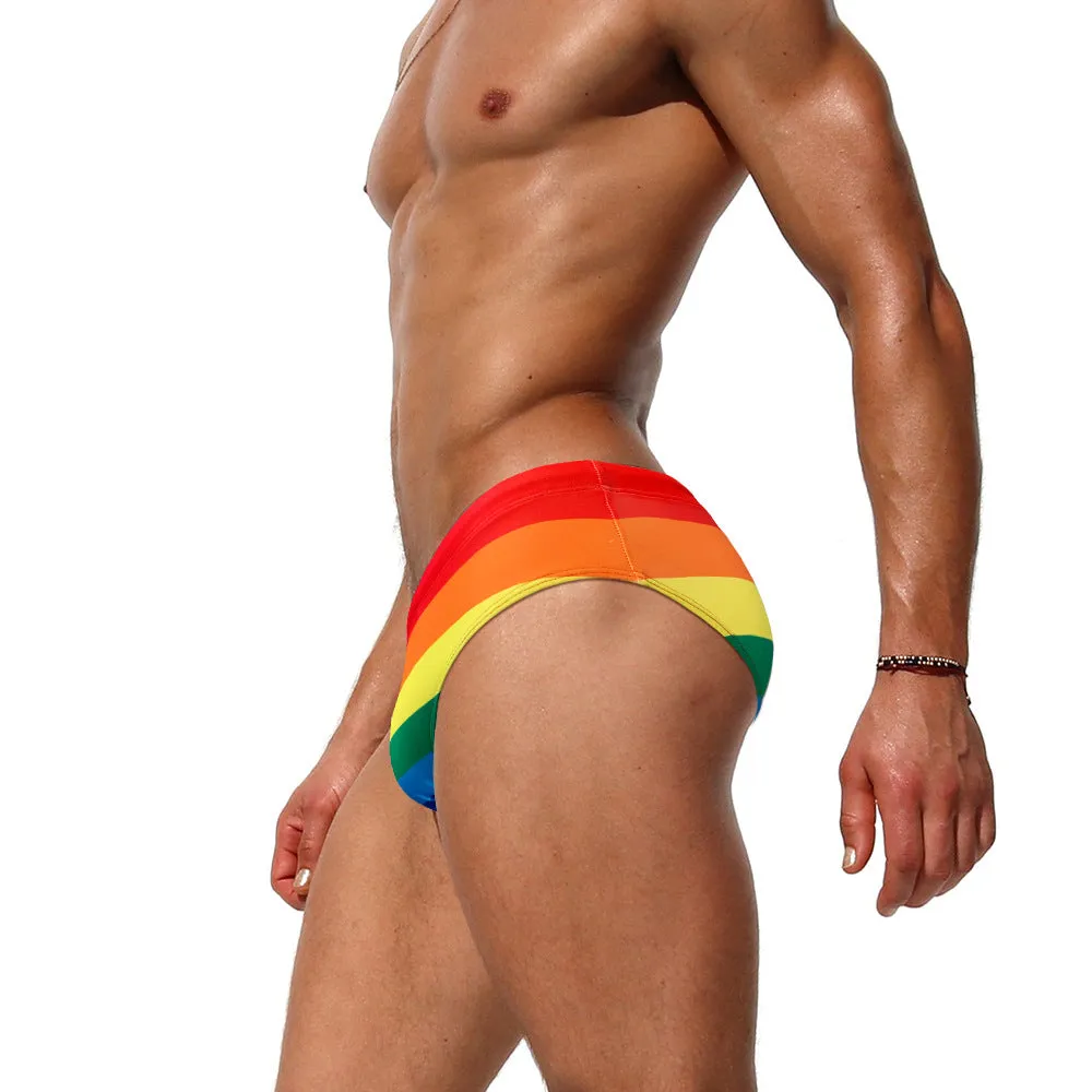 Rainbow striped nylon men's swimming trunks stretch briefs for beach wear