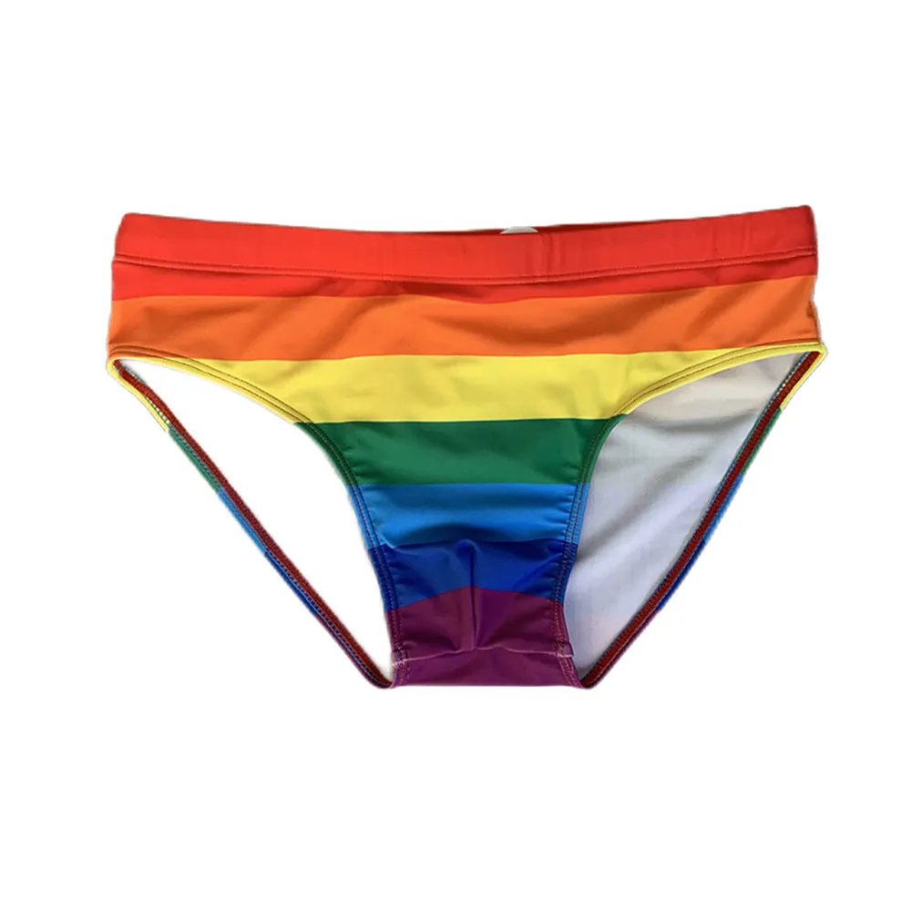 Rainbow striped nylon men's swimming trunks stretch briefs for beach wear