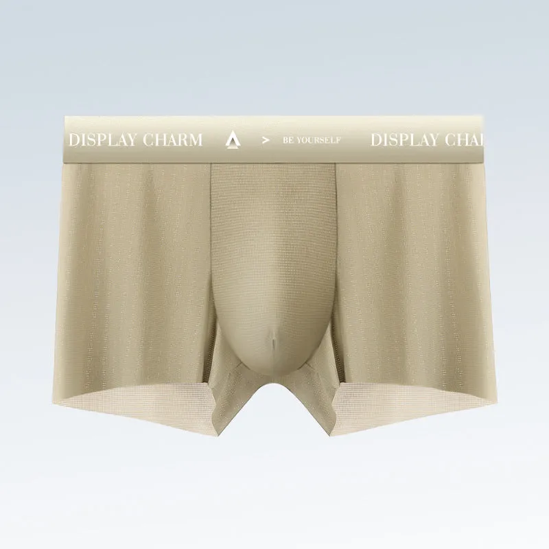 Ice silk men's seamless boxers in five solid colours: dark gray, silver gray, dark green, mustard yellow, reddish brown