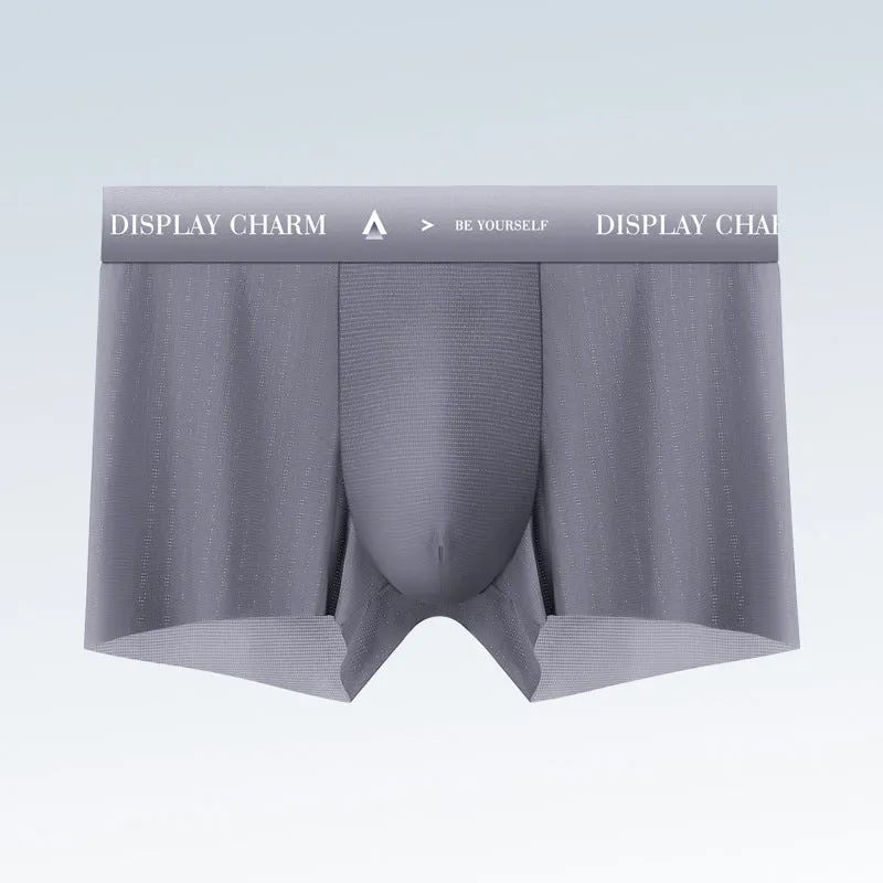 Ice silk men's seamless boxers in five solid colours: dark gray, silver gray, dark green, mustard yellow, reddish brown