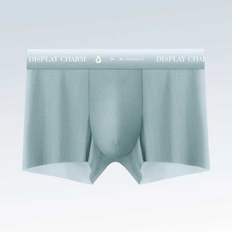 Ice silk men's seamless boxers in five solid colours: dark gray, silver gray, dark green, mustard yellow, reddish brown