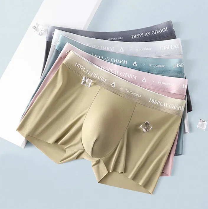 Ice silk men's seamless boxers in five solid colours: dark gray, silver gray, dark green, mustard yellow, reddish brown