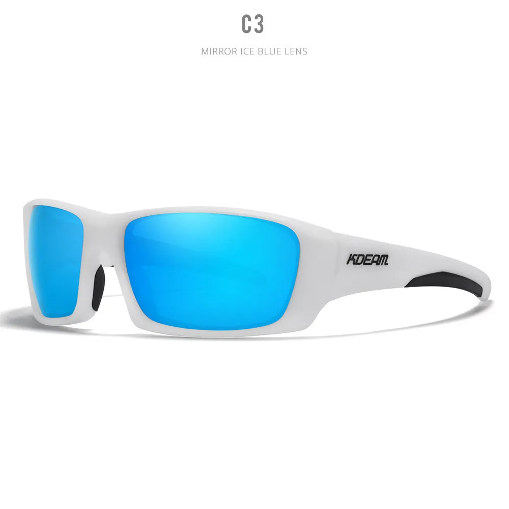 Ultralight polarised sports sunglasses with TR90 frame in assorted colours on a plain background.