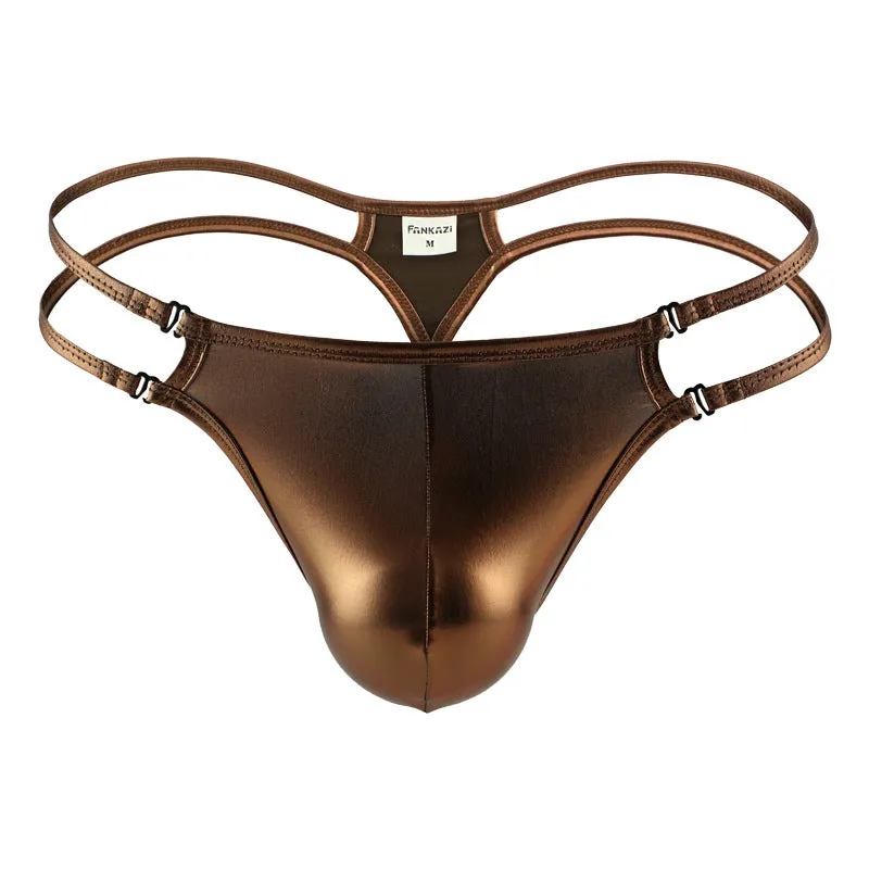 Men's nylon thong in solid colour, low waist t-back design, available in brown silver sapphire blue green sizes S M L XL
