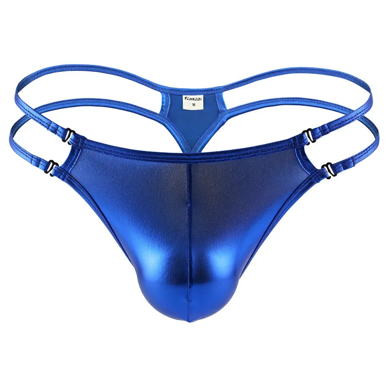 Men's nylon thong in solid colour, low waist t-back design, available in brown silver sapphire blue green sizes S M L XL