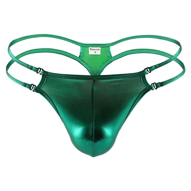 Men's nylon thong in solid colour, low waist t-back design, available in brown silver sapphire blue green sizes S M L XL