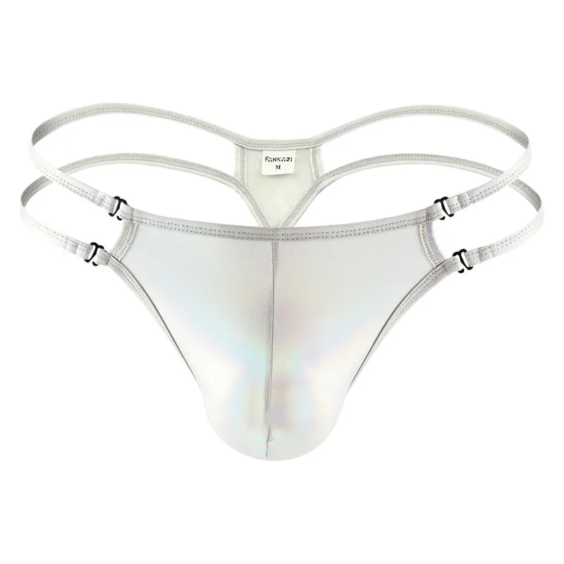 Men's nylon thong in solid colour, low waist t-back design, available in brown silver sapphire blue green sizes S M L XL