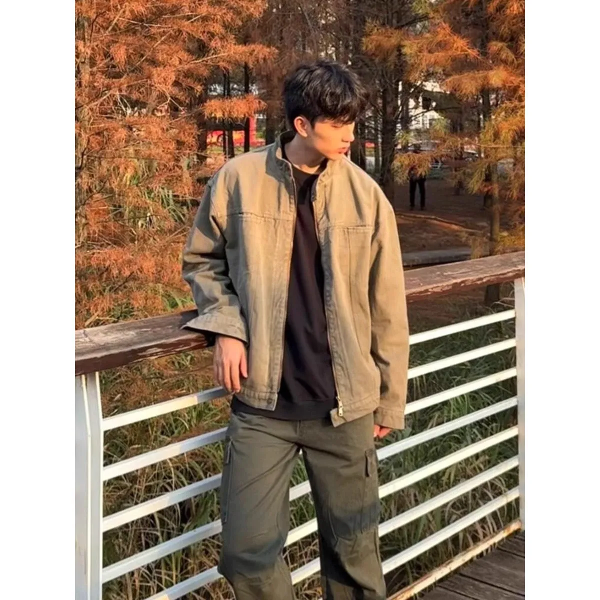 Men's stand collar loose fit jacket in Army Green, polyester, long sleeves, front view spring wear
