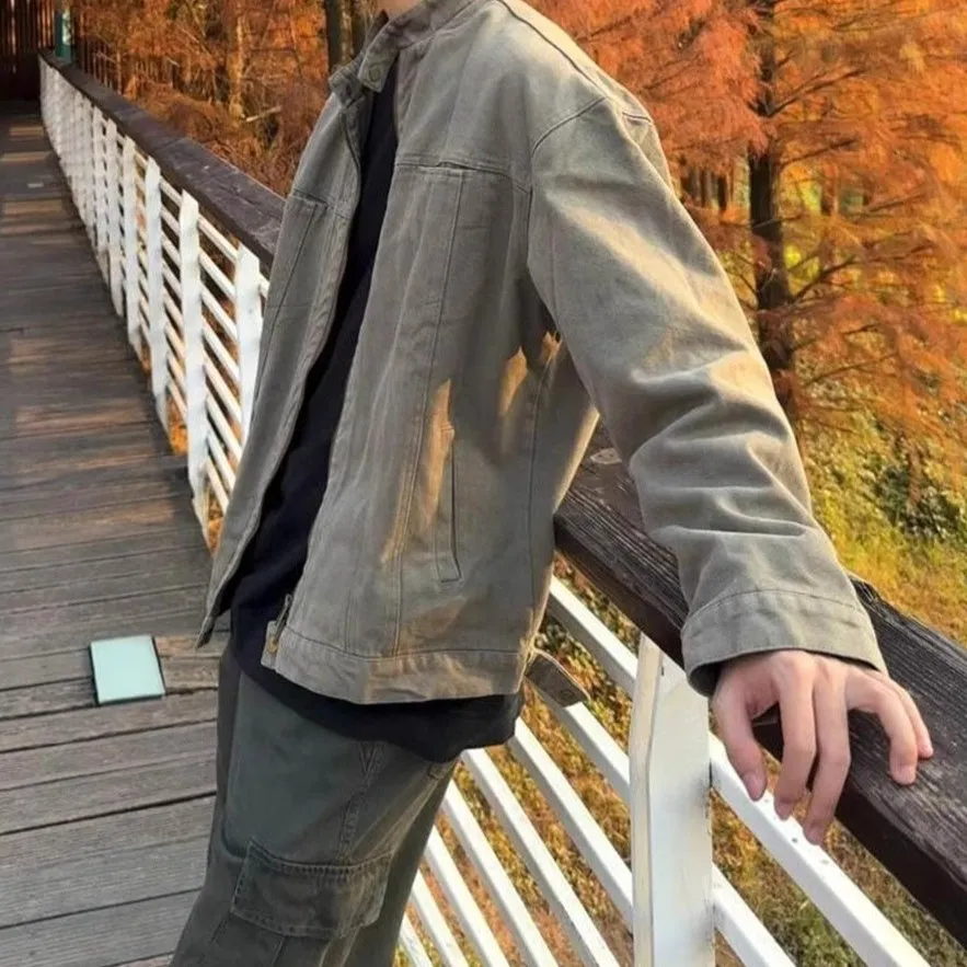 Men's stand collar loose fit jacket in Army Green, polyester, long sleeves, front view spring wear
