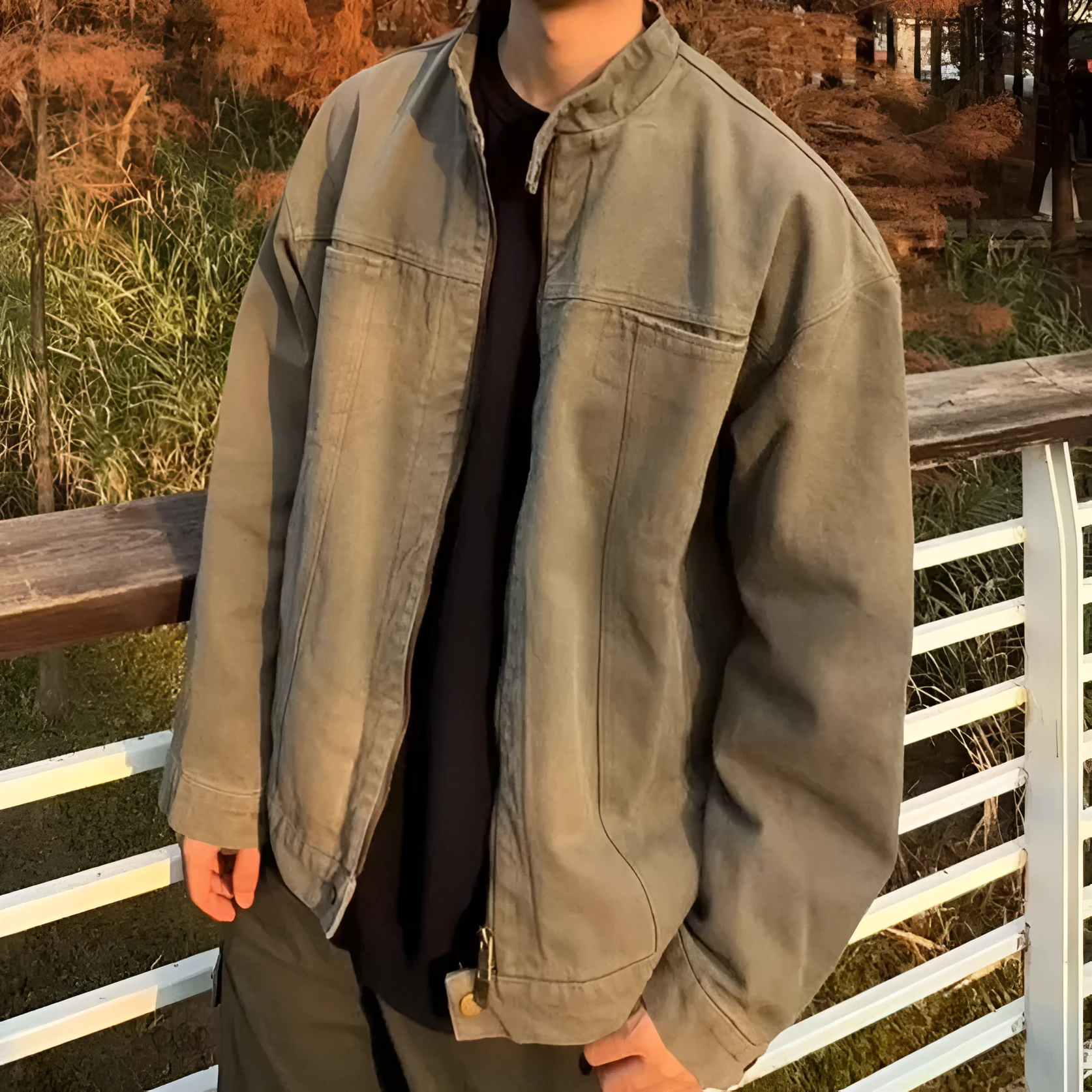 Men's stand collar loose fit jacket in Army Green, polyester, long sleeves, front view spring wear