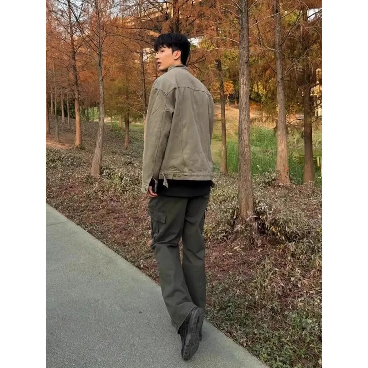 Men's stand collar loose fit jacket in Army Green, polyester, long sleeves, front view spring wear