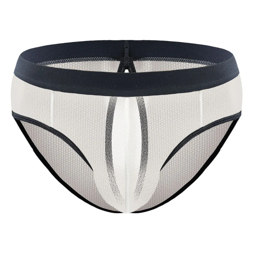 Men's mesh back rubber band triangle shorts in black nylon, front view showing elastic waist and triangle cut