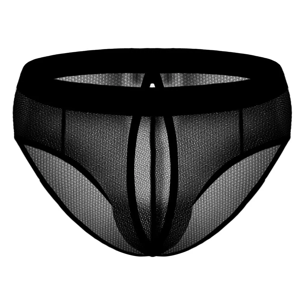 Men's mesh back rubber band triangle shorts in black nylon, front view showing elastic waist and triangle cut