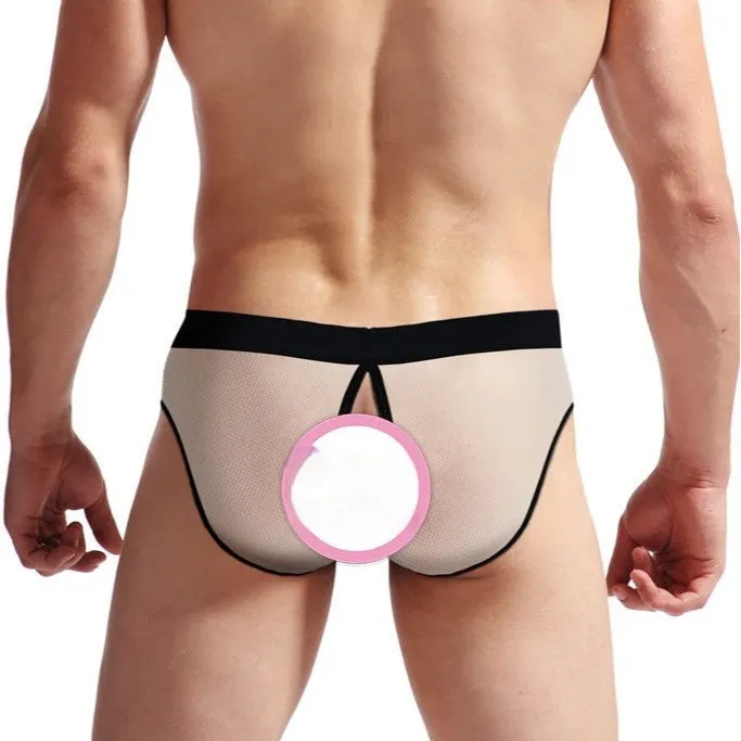 Men's mesh back rubber band triangle shorts in black nylon, front view showing elastic waist and triangle cut