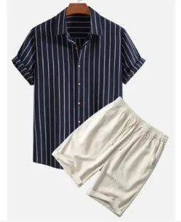 Men's casual digital print short sleeve suit with matching trousers on a hanger