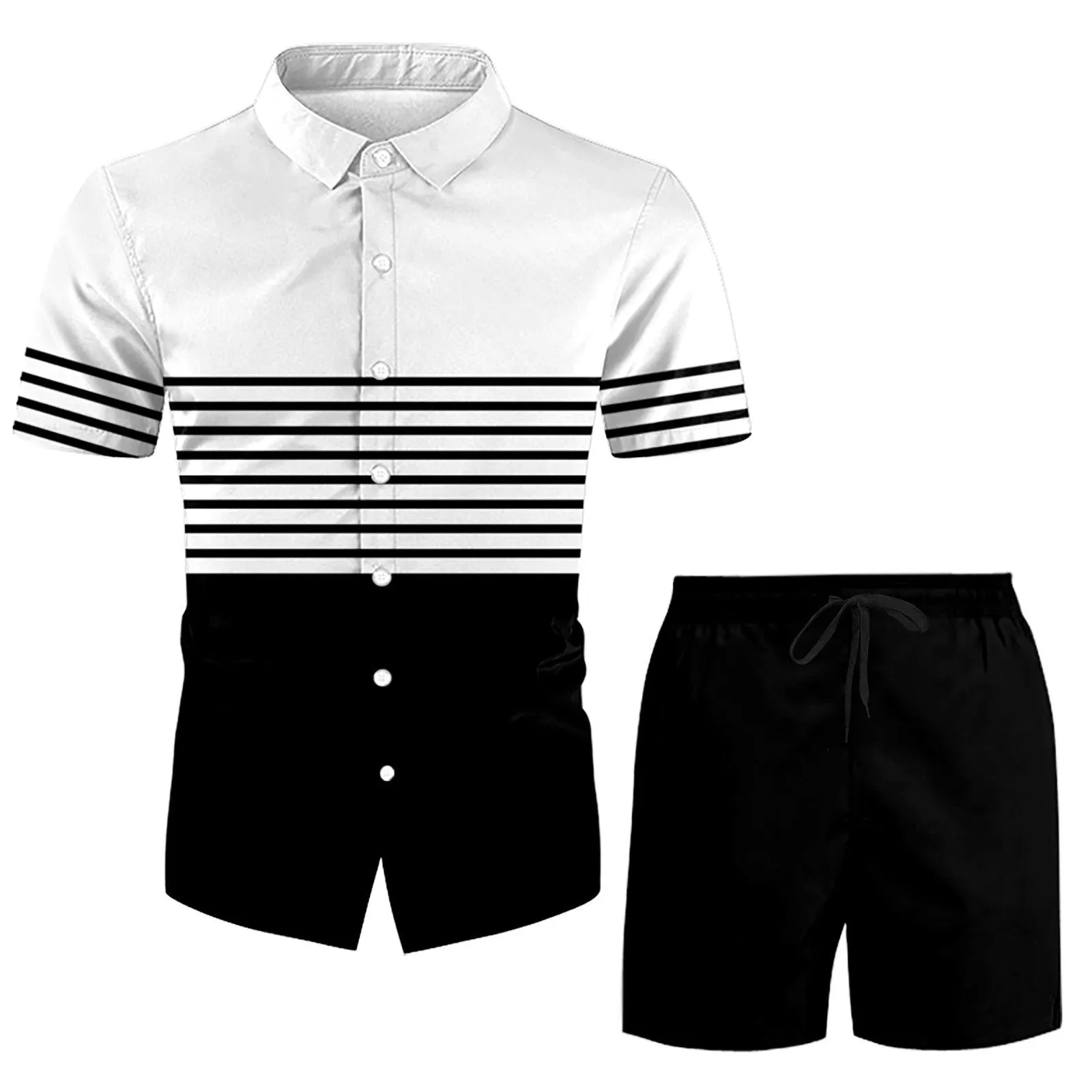 Men's casual digital print short sleeve suit with matching trousers on a hanger