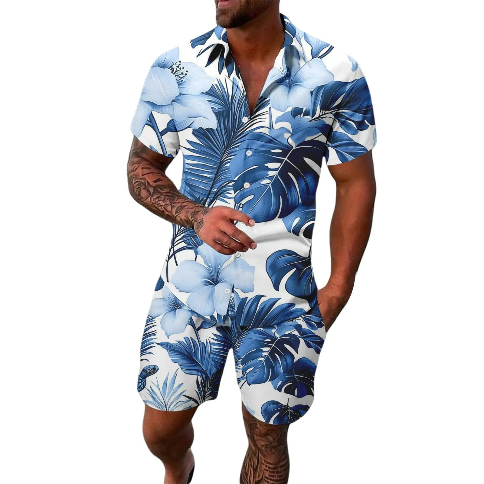 Men's casual digital print short sleeve suit with matching trousers on a hanger
