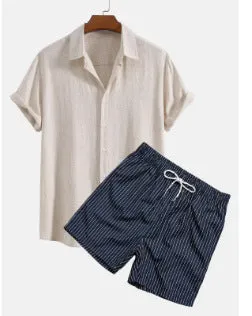 Men's casual digital print short sleeve suit with matching trousers on a hanger