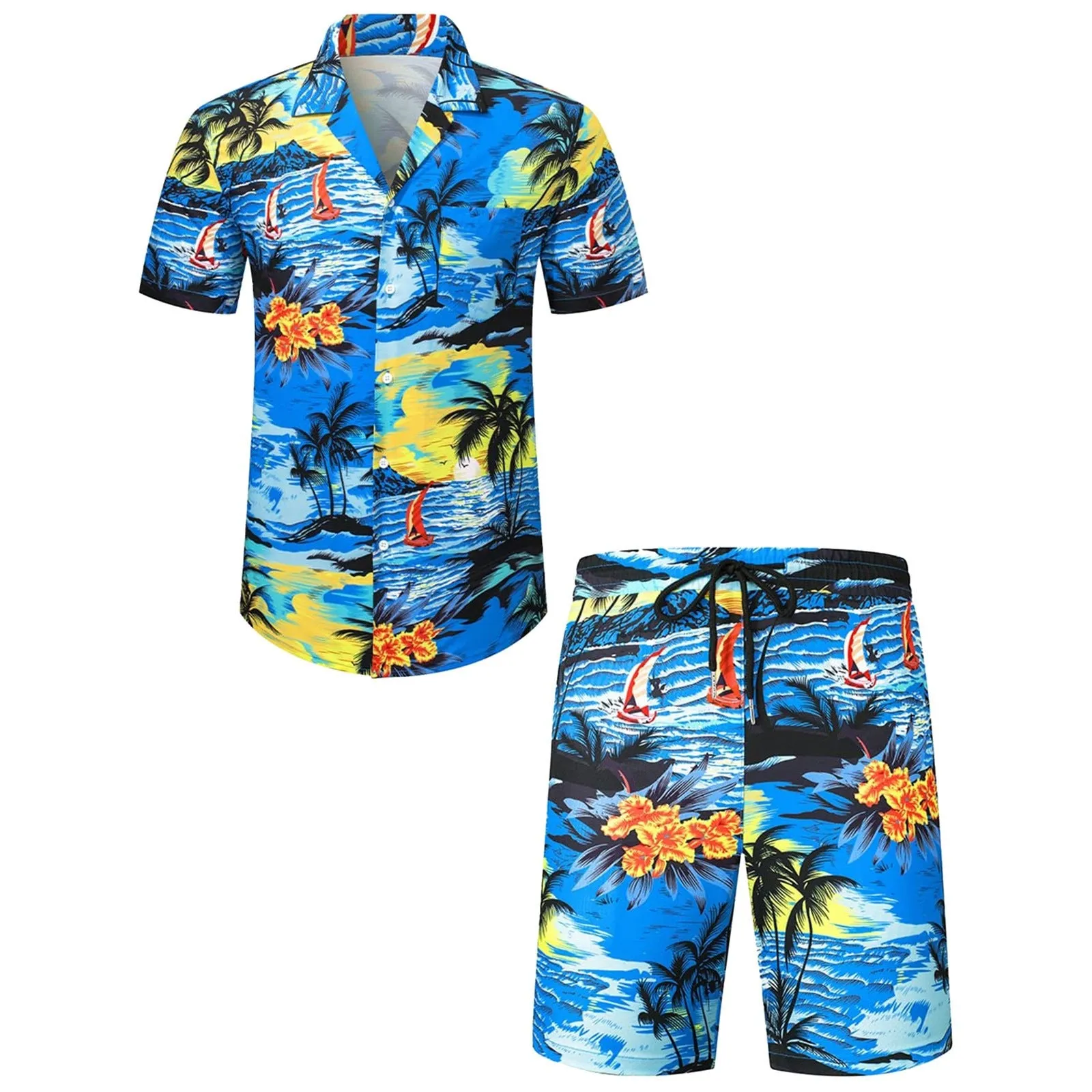 Men's casual digital print short sleeve suit with matching trousers on a hanger