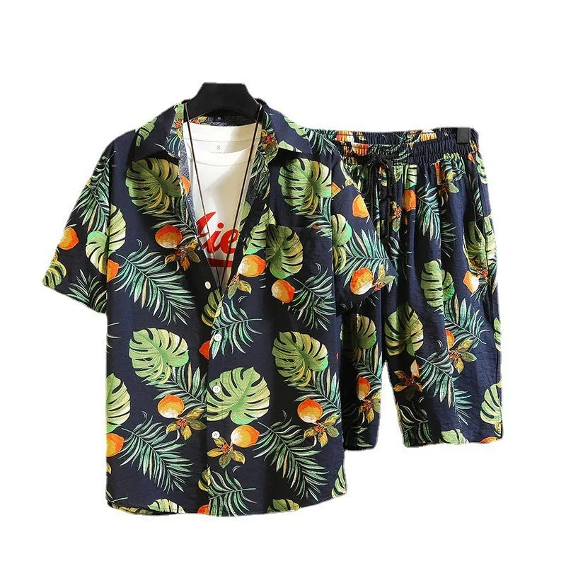 Men's casual digital print short sleeve suit with matching trousers on a hanger