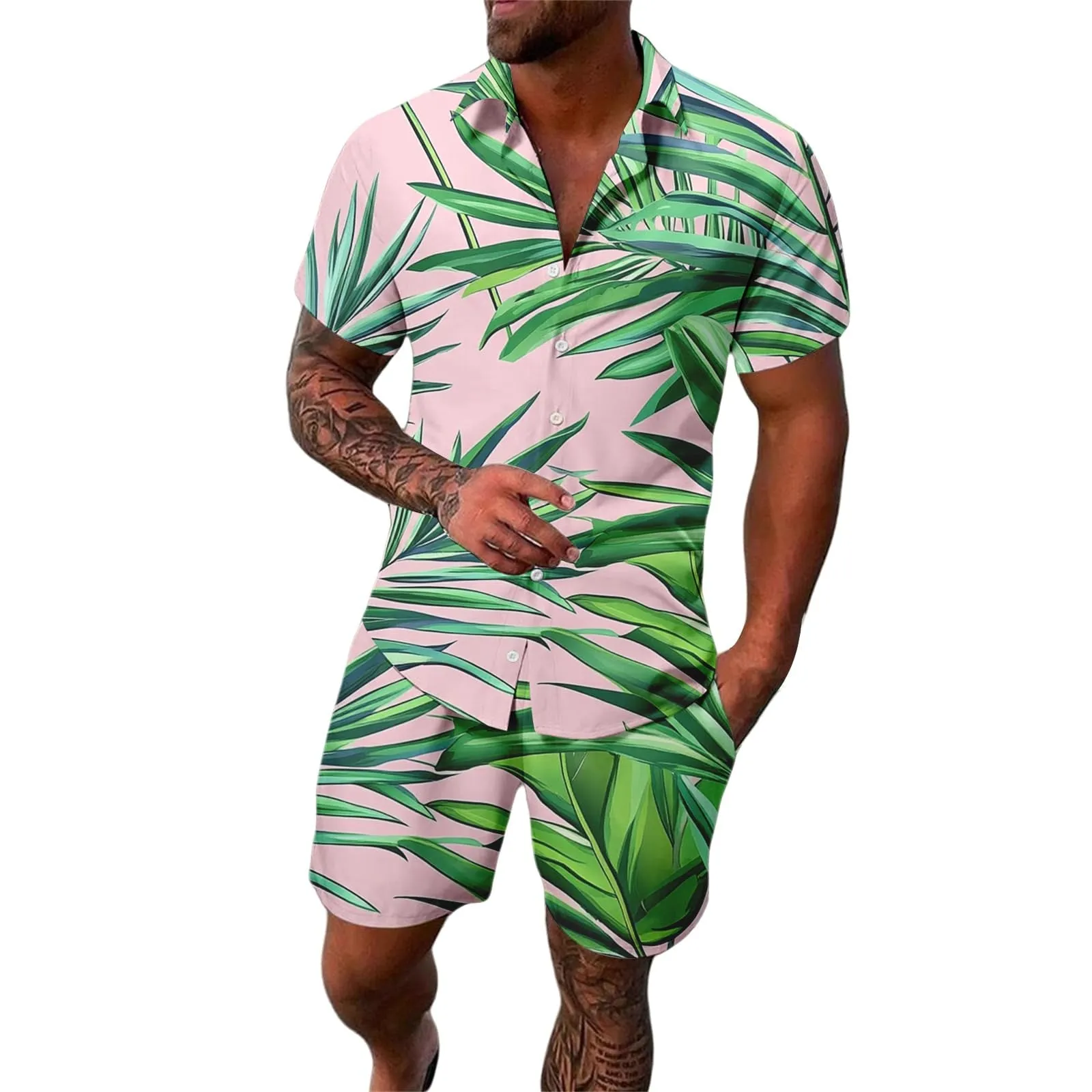 Men's casual digital print short sleeve suit with matching trousers on a hanger
